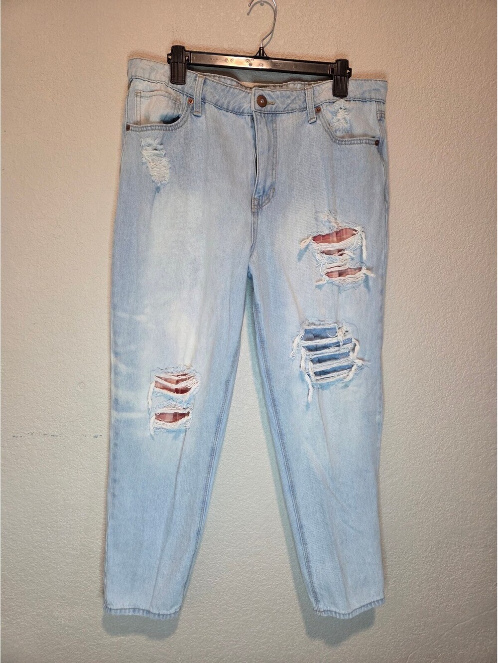 Light Wash Distressed Ripped Denim Jeans with Red Lining, 17